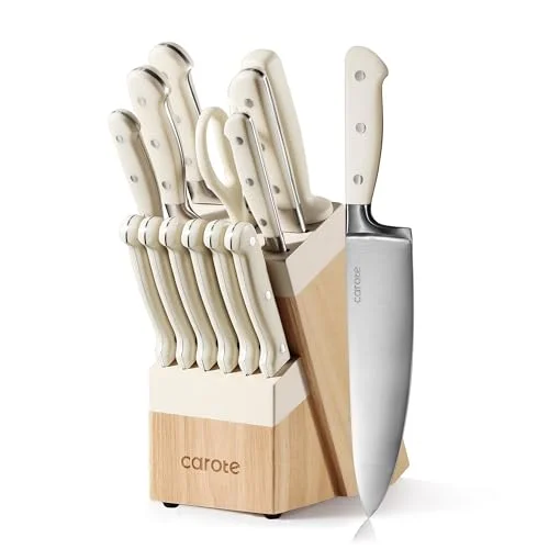 CAROTE 14-piece knife set in cream with matching wood block
