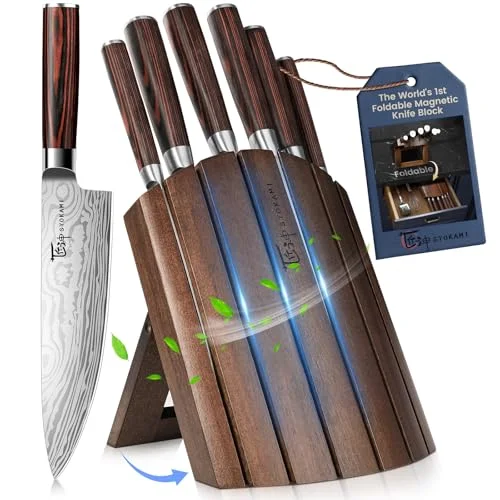 SYOKAMI kitchen knife set with foldable magnetic acacia wood block