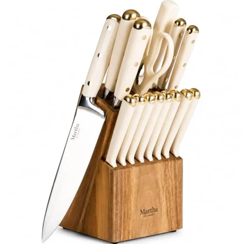 Martha Stewart Lockton 16-piece knife block set in linen white and gold