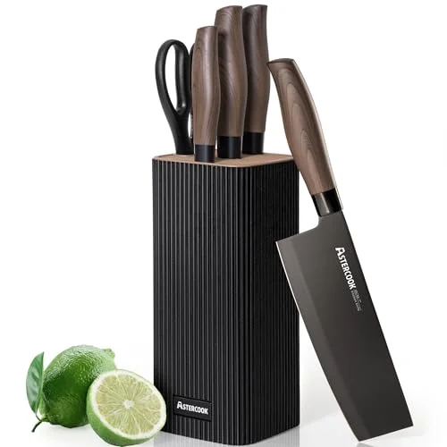 Astercook 6-piece knife set with wood grain handles and block