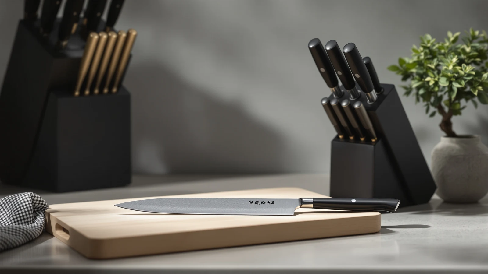 Japanese-style gyutou knives with narrow, precisely ground blades resting on a pale wood countertop beside a knife block