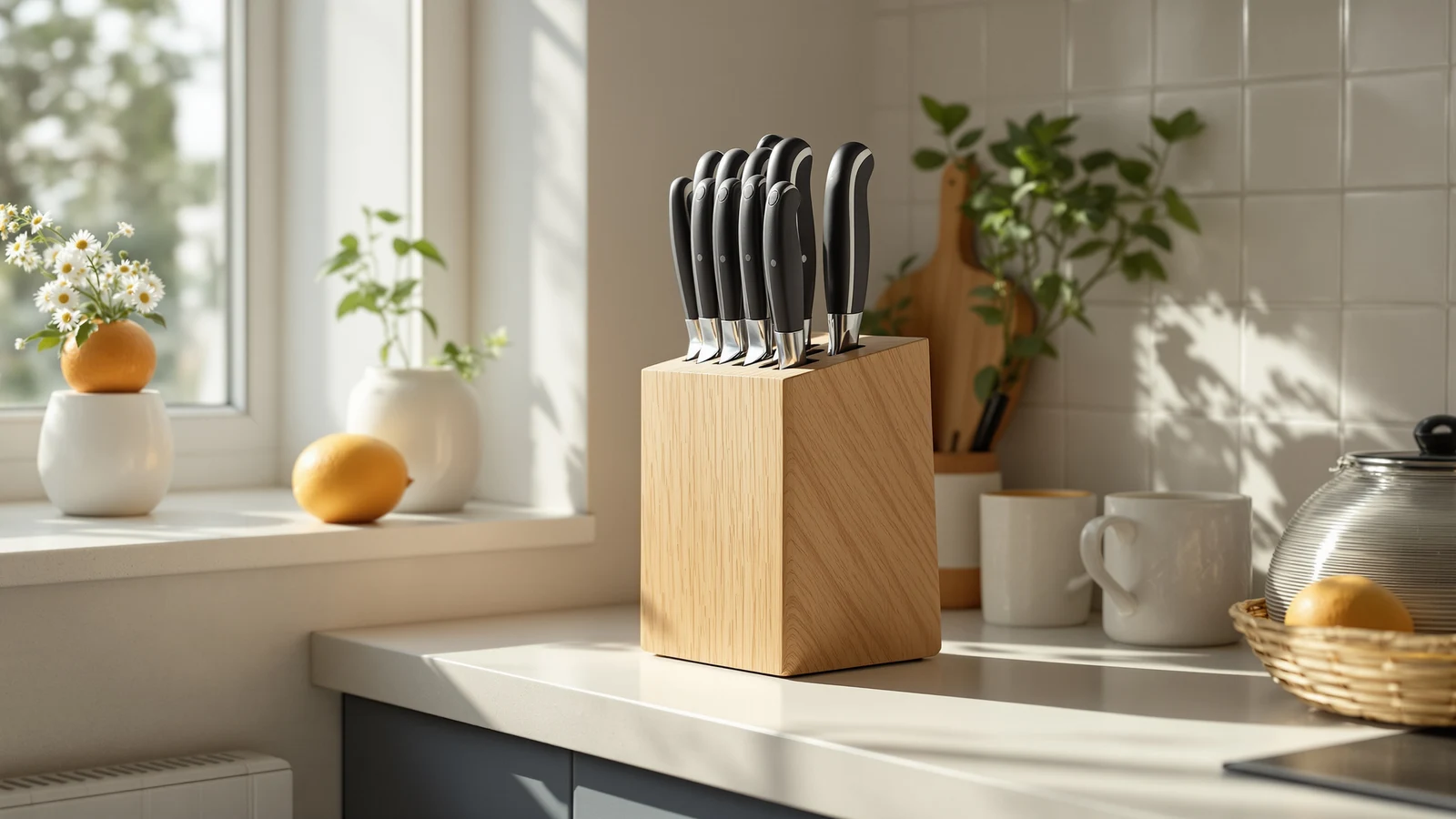 A compact starter kitchen knife set with a wood block on a narrow apartment countertop