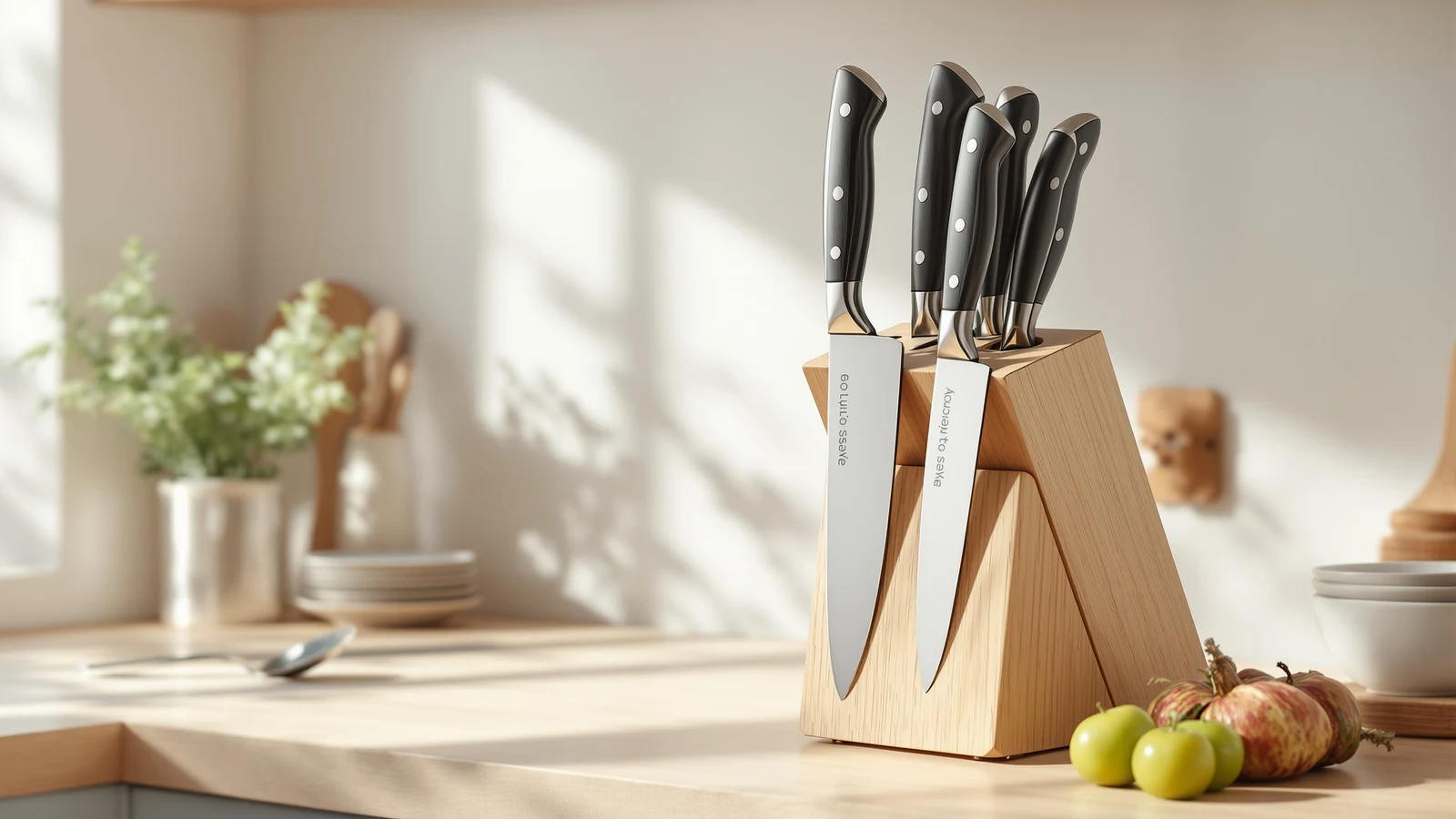 A compact kitchen knife block set with forged steel knives on a pale wood countertop, priced under one hundred dollars