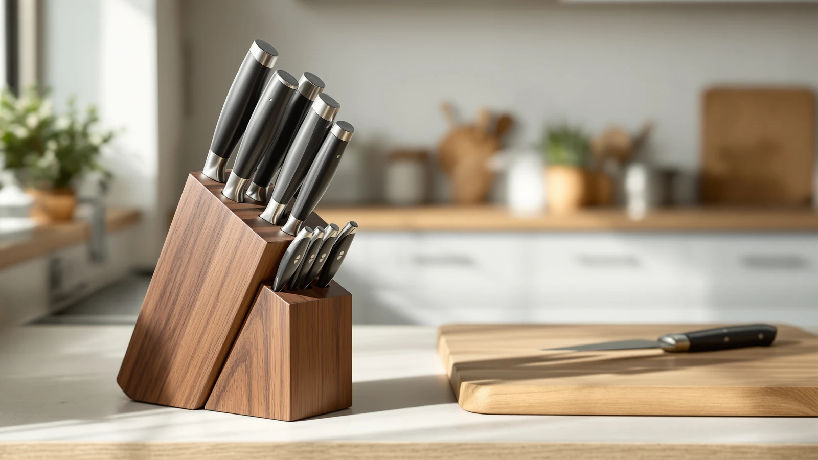 Dark walnut knife block holding kitchen knives on a pale oak worktop beside a wooden cutting board
