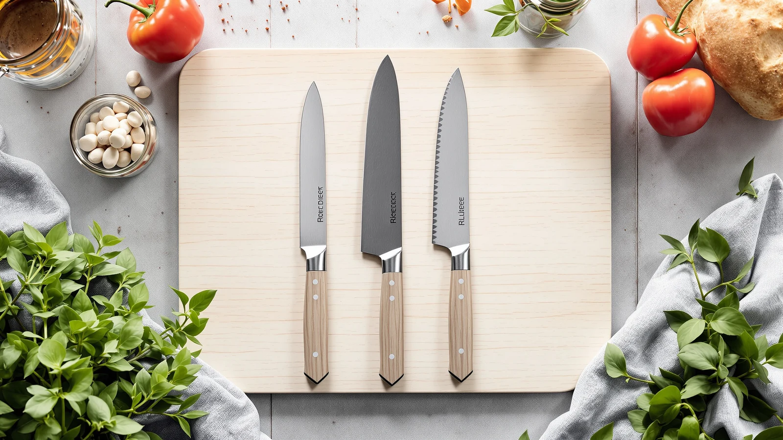A chef's knife, a paring knife and a serrated bread knife laid out on a pale wood countertop next to an empty knife block