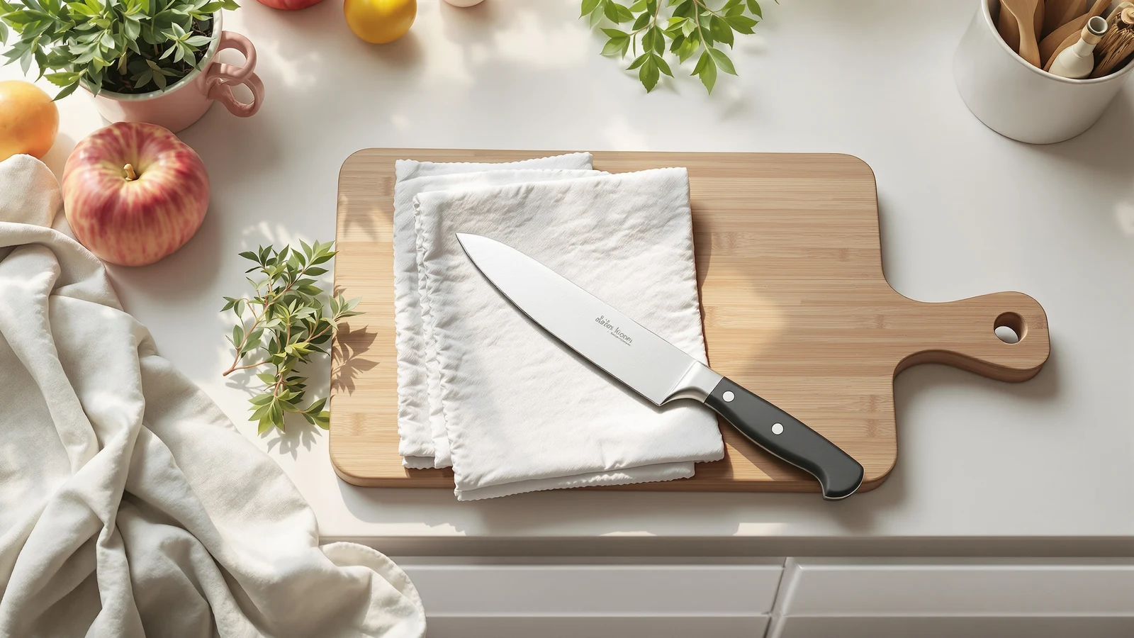 A kitchen knife being wiped dry with a cloth beside a wooden cutting board and a knife block on a pale countertop