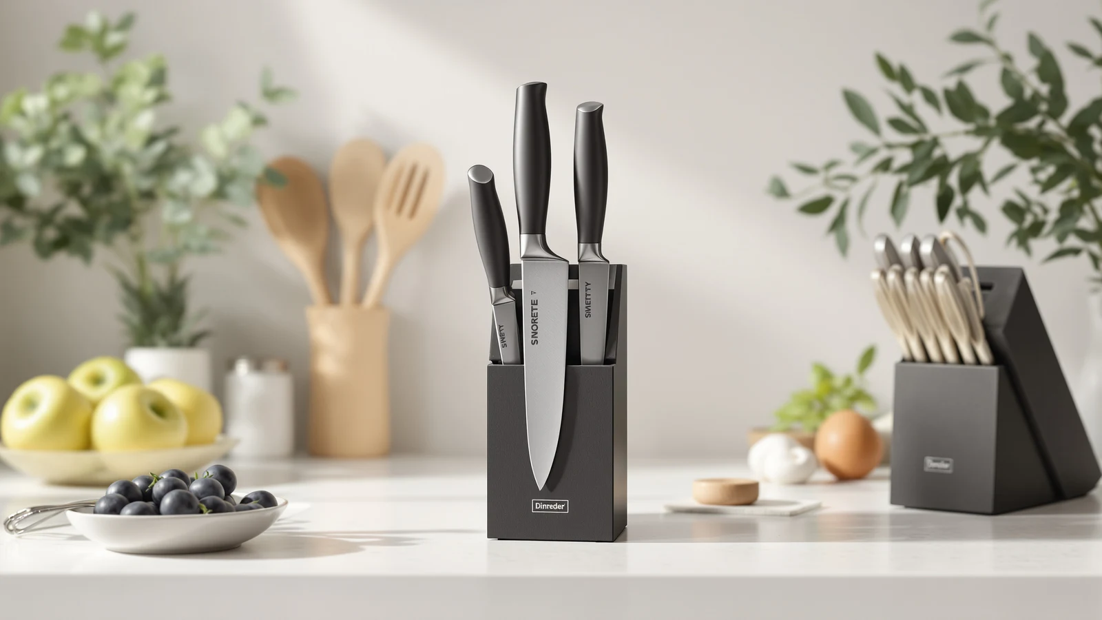 A dark knife block with a built-in sharpening slot holding a chef's knife and two paring knives on a white kitchen countertop