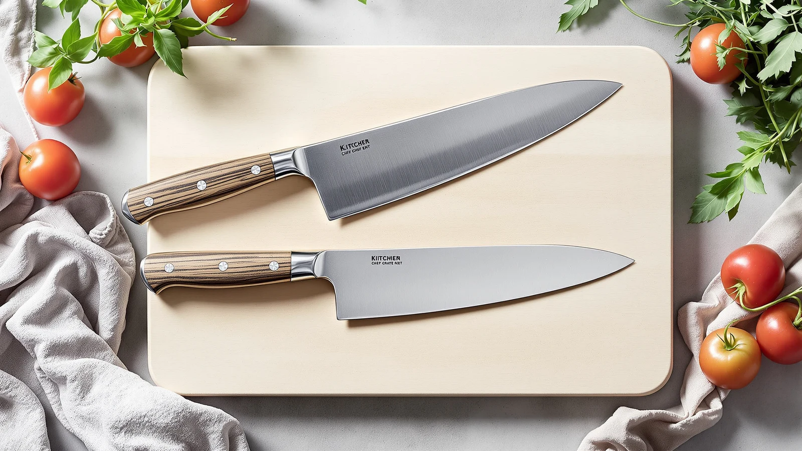 A forged chef's knife with a thick bolster beside a thinner stamped knife on a wood countertop, illustrating the two ways a kitchen knife blade is made